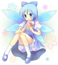 Rule 34 | 1girl, bad id, bad pixiv id, bloomers, blue hair, cirno, dress, embodiment of scarlet devil, female focus, food, fruit, full body, gradient background, kuguri oimo, mary janes, ribbon, shoes, short hair, snow, socks, solo, touhou, underwear, watermelon, white background, white bloomers, wings