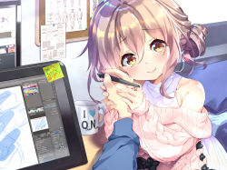 Rule 34 | 1girl, bare shoulders, bed, clip studio paint (medium), commentary request, cup, fujishima-sei ichi-gou, hair between eyes, highres, holding, holding hands, holding stylus, indoors, light brown hair, looking at viewer, monitor, mug, off-shoulder sweater, off shoulder, orange eyes, original, pov, pov hands, shirt, short hair, sidelocks, sticky note, stylus, sweater, tablet pc, white shirt