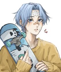 Rule 34 | 1boy, absurdres, bandage on face, bandages, bandaid, bandaid on face, bandaid on nose, blue eyes, blue hair, blush, commentary, eyes visible through hair, hasegawa langa, highres, holding, holding skateboard, kyllooelo, long sleeves, looking at viewer, male focus, parted lips, shirt, short hair, simple background, sk8 the infinity, skateboard, solo, upper body, white background, yellow shirt