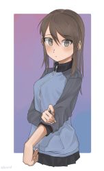 Rule 34 | 10s, 1girl, arm grab, bad id, bad twitter id, blue jacket, blue skirt, blush, brown eyes, brown hair, closed mouth, commentary, cropped torso, girls und panzer, gradient background, highres, jacket, keizoku military uniform, light frown, long hair, long sleeves, looking at viewer, mika (girls und panzer), military, military uniform, miniskirt, multicolored background, no emblem, no headwear, outside border, pleated skirt, raglan sleeves, roivas, skirt, solo, standing, track jacket, twitter username, uniform