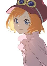 Rule 34 | 1girl, blue eyes, close-up, commentary, frilled shirt, frills, goggles, goggles on headwear, hat, koala (one piece), looking to the side, one piece, pink shirt, profile, raine (acke2445), shirt, short hair, simple background, smile, symbol-only commentary, white background