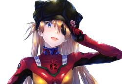 Rule 34 | 1girl, artist request, blue eyes, bodysuit, breasts, brown hair, evangelion: 3.0 you can (not) redo, eyepatch, interface headset, long hair, medium breasts, neon genesis evangelion, plugsuit, rebuild of evangelion, red bodysuit, shiny clothes, smile, solo, souryuu asuka langley, upper body, white background
