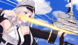 Rule 34 | 1girl, absurdres, armpits, azur lane, bare shoulders, belt, black coat, black necktie, blue sky, bow, bow (weapon), breasts, buttons, cloud, coat, collared shirt, compound bow, day, drawing bow, enterprise (azur lane), fuji dorokai, hat, highres, holding, holding bow (weapon), holding weapon, large breasts, long hair, long sleeves, looking away, military hat, necktie, open clothes, open coat, peaked cap, purple eyes, shirt, sidelocks, sky, sleeveless, sleeveless shirt, smile, solo, weapon, white hair, white hat, white shirt