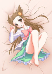 Rule 34 | 00s, 1girl, :o, bad id, bad pixiv id, barefoot, bed, bed sheet, brown eyes, brown hair, creatures (company), dress, feet, flat chest, game freak, griefwear, gym leader, hair ribbon, highres, jasmine (pokemon), long hair, lying, nintendo, on back, open mouth, pokemon, pokemon hgss, ribbon, solo, twintails, two side up