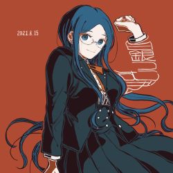 Rule 34 | 1girl, arm at side, arm up, black jacket, blue eyes, blue hair, buttons, closed mouth, commentary request, cowboy shot, danganronpa (series), danganronpa v3: killing harmony, dated, double-breasted, glasses, jacket, kiri (2htkz), long hair, long sleeves, looking at viewer, neck ribbon, open clothes, open jacket, parted bangs, pleated skirt, red background, red ribbon, ribbon, shirogane tsumugi, shirt, simple background, skirt, smile, solo, translation request, very long hair, white shirt