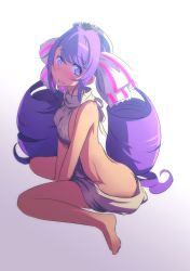 Rule 34 | + +, 1girl, ass, backless dress, backless outfit, bare back, bare shoulders, barefoot, big hair, blue eyes, blush, breasts, butt crack, covered erect nipples, drawstring, dress, drill hair, ear blush, full body, gradient background, headdress, highres, katia (shironeko project), long hair, looking at viewer, looking back, medium breasts, meme attire, miu (umaru katia no hito), naked sweater, nose blush, purple hair, ribbed sweater, shironeko project, sideboob, sitting, sweater, turtleneck, turtleneck sweater, twin drills, v arms, very long hair, virgin killer sweater, wariza, white sweater