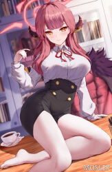 Rule 34 | 1girl, aru (blue archive), barefoot, black skirt, blue archive, highres, looking at viewer, mosley (mosleyyy), pleated skirt, red hair, shirt, sitting, skirt, smile, solo, white shirt, yellow eyes
