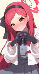 Rule 34 | 1girl, black bow, black bowtie, black gloves, blue archive, blush, bow, bowtie, commentary request, dress, finger touching, forehead, fur-trimmed jacket, fur trim, gloves, grey skirt, hairband, halo, highres, jacket, long hair, long sleeves, looking at viewer, mofu namako, open clothes, open jacket, parted bangs, pinafore dress, pleated skirt, red hair, school uniform, sidelocks, simple background, skirt, sleeveless, sleeveless dress, solo, takane (blue archive), white jacket, yellow eyes