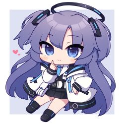 Rule 34 | 1girl, black footwear, black jacket, black skirt, blue archive, blue background, blue eyes, blue necktie, blush stickers, chibi, closed mouth, collared shirt, commentary request, full body, halo, heart, highres, hood, hood down, hooded jacket, jacket, long sleeves, looking at viewer, necktie, open clothes, open jacket, pleated skirt, puffy long sleeves, puffy sleeves, purple hair, rensei, shirt, shoes, skirt, sleeves past wrists, smile, solo, two-tone background, two side up, white background, white jacket, white shirt, yuuka (blue archive)