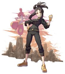 Rule 34 | 1girl, black hair, black jacket, black pants, breasts, clenched teeth, commentary request, creatures (company), dendra (pokemon), eyelashes, fingerless gloves, full body, game freak, gen 3 pokemon, gloves, grin, hand on own hip, hand up, highres, jacket, kuroi susumu, looking at viewer, medicham, medium breasts, nintendo, open mouth, orange eyes, pants, pokemon, pokemon (creature), pokemon sv, revision, shoes, sidelocks, sleeves past elbows, smile, standing, teeth, white background, yellow footwear, yellow gloves