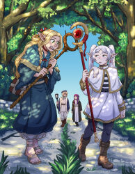 4girls absurdres ambrosia_(dungeon_meshi) arguing artist_name blonde_hair boots bow braid choker closed_eyes coat commentary crossover day dress dungeon_meshi earrings elf english_commentary falin_touden fern_(sousou_no_frieren) forest frieren gradient_sky green_eyes hair_bow highres holding holding_staff jewelry kaereth leggings long_dress long_hair marcille_donato multiple_girls nature open_mouth outdoors overgrown pointy_ears purple_eyes purple_hair red_choker sandals short_hair sky smile sousou_no_frieren staff stone_wall teeth twin_braids twintails white_hair