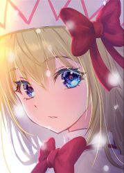 Rule 34 | 1girl, absurdres, blonde hair, blue eyes, capelet, hair between eyes, hat, highres, lily white, long hair, looking at viewer, open mouth, portrait, shiroi karasu, simple background, solo, touhou, white background, white capelet