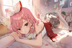 Rule 34 | 1girl, artist name, atelier live, bare shoulders, bed sheet, blush, book, bow, braid, closed mouth, commentary request, fake tail, feet up, grey skirt, hair bow, hair ornament, hair ribbon, hairclip, highres, indoors, jewelry, long hair, lying, necklace, on bed, on stomach, pillow, pink hair, pinku (vtuber), plaid, plaid skirt, rabbit tail, red eyes, ribbon, rosuuri, shirt, side braid, skirt, sleeveless, sleeveless shirt, smile, solo, stuffed animal, stuffed rabbit, stuffed toy, swept bangs, tail, thighhighs, twitter username, virtual youtuber, white bow, white ribbon, white shirt, white thighhighs, window