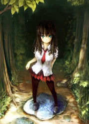 Rule 34 | 1girl, blue eyes, brown hair, dress shirt, forest, loafers, long hair, messy hair, nagamine (catoko), nature, necktie, original, pantyhose, path, pleated skirt, puddle, road, shirt, shoes, skirt, skirt hold, solo, tree, water drop, wet, wet hair