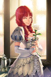 Rule 34 | 10s, 1girl, breasts, bridal gauntlets, cleavage, dragon nest, elbow gloves, fingerless gloves, flower, gloves, lena (dragon nest), long hair, looking at viewer, lvans, red eyes, red hair, rose, smile, solo