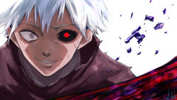 Rule 34 | 1boy, absurdres, close-up, grey eyes, grey hair, highres, kaneki ken, looking at viewer, male focus, mismatched sclera, parted lips, red eyes, short hair, simple background, smile, solo, teeth, tokyo ghoul, tomato (akait0mat0), upper body, white background, white hair