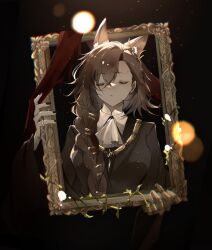 Rule 34 | 1girl, animal ear fluff, animal ears, arknights, asymmetrical bangs, black background, black jacket, braid, breasts, brown hair, closed eyes, closed mouth, facing viewer, hair over shoulder, holding, jacket, long hair, medium breasts, mirikashika, mole, mole above eye, penance (arknights), picture frame, shirt, single braid, solo, upper body, very long hair, white shirt