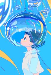 Rule 34 | 1girl, black hair, blue background, blue eyes, blue hair, blue theme, collared shirt, dated commentary, flat color, floating hair, from side, glass, highres, looking up, original, profile, qqmng, shirt, short hair, short sleeves, simple background, solo, standing, upper body, white shirt, wind, wind chime, wind chime focus