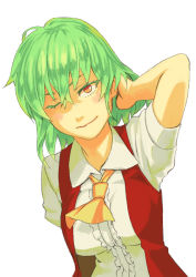 Rule 34 | 1girl, ascot, blush, female focus, green hair, hand in own hair, kazami yuuka, one eye closed, red eyes, shirt, simple background, smile, solo, touhou, upper body, vest, wink, yuuji (and)