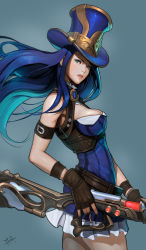 Rule 34 | 1girl, absurdres, aqua hair, arm strap, armband, armpit peek, bare shoulders, belt, black hair, blue background, blue dress, blue eyes, blue hair, blue hat, breasts, brown belt, brown gloves, buckle, caitlyn (league of legends), cleavage, cowboy shot, detached collar, dress, expressionless, fingerless gloves, floating hair, framed breasts, from side, gloves, gun, hat, highres, holding, holding gun, holding weapon, league of legends, leather, leather gloves, long hair, looking at viewer, looking to the side, medium breasts, multicolored hair, nail polish, parted lips, rifle, short dress, showcat, signature, simple background, sleeveless, sleeveless dress, solo, standing, top hat, two-tone hair, underbust, weapon, wind