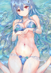 Rule 34 | 1girl, absurdres, ayanami rei, beach, blue bra, blue hair, blue panties, blush, bra, breasts, cleavage, closed mouth, commentary request, evangelion: 3.0+1.0 thrice upon a time, groin, hair ornament, highres, lace, lace-trimmed bra, lace-trimmed panties, lace trim, large breasts, lingerie, long hair, looking at viewer, lying, navel, neon genesis evangelion, ocean, ogata tei, panties, partially submerged, rebuild of evangelion, red eyes, solo, stomach, thighs, underwear, very long hair, water, wet
