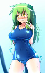 Rule 34 | 1girl, bdsm, breasts, cameltoe, covered navel, female focus, gradient background, honehone, hose, inflation, kochiya sanae, large breasts, one-piece swimsuit, school swimsuit, shiny clothes, solo, swimsuit, touhou