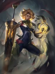 Rule 34 | 1girl, absurdres, armor, blonde hair, breastplate, cloud, cloudy sky, crimson81889796, flag, glowing, glowing hand, highres, lance, league of legends, leg armor, long hair, looking to the side, outdoors, polearm, rell (league of legends), sky, smile, solo, weapon, yellow eyes