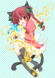Rule 34 | 1girl, animal ears, bow, braid, cat ears, cat girl, cat tail, female focus, hair ribbon, kaenbyou rin, mao (alepricos), multiple tails, red eyes, red hair, ribbon, short hair, solo, tail, touhou, twin braids