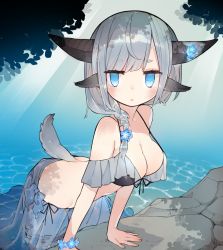 Rule 34 | 1girl, absurdres, animal ears, bikini, blue eyes, blush, braid, breasts, bridal garter, cleavage, expressionless, flower, flower bracelet, frilled bikini, frills, grey hair, hair flower, hair ornament, hair over shoulder, highres, horns, in water, jitome, large breasts, light rays, marine day, monster girl, original, rock, sakutake (ue3sayu), sarong, see-through sarong, swept bangs, swimsuit, tail, thick eyebrows, wading, water, water drop, wet