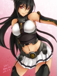 Rule 34 | 10s, 1girl, 2015, artist name, black hair, black thighhighs, breasts, contrapposto, cowboy shot, dated, garter straps, gradient background, headgear, kantai collection, kuzutetsu no nue, large breasts, long hair, looking at viewer, microskirt, midriff, nagato (kancolle), navel, outstretched arm, pink background, pleated skirt, red eyes, signature, skirt, sleeveless, solo, standing, thighhighs, very long hair, yorutori