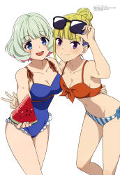 Rule 34 | 2girls, :d, absurdres, bare arms, bare legs, bikini, blonde hair, blue bow, blue eyes, blue one-piece swimsuit, bow, breasts, brown ribbon, casual one-piece swimsuit, character request, cleavage, closed mouth, collarbone, eyewear on head, food, frilled one-piece swimsuit, frilled swimsuit, frills, front-tie bikini top, front-tie top, fruit, green hair, groin, hair bun, healer girl, highres, holding, holding food, itsushiro reimi, looking at viewer, medium breasts, megami magazine, mismatched bikini, morishima hibiki, multicolored hair, multiple girls, navel, one-piece swimsuit, open mouth, pink hair, purple eyes, purple hair, red bikini, ribbon, short hair, side-tie bikini bottom, simple background, single hair bun, smile, standing, strap gap, striped bikini, striped clothes, sunglasses, swimsuit, two-tone hair, w, watermelon, watermelon slice, white background
