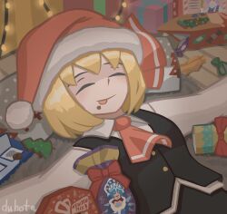 1girl absurdres black_vest blonde_hair christmas christmas_present cirno duhota english_text food food_on_face gift hat highres letty_whiterock new_year ribbon rumia santa_hat short_hair sleeping snegurochka_(mythology) sweets touhou vest