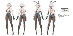 Rule 34 | 1girl, animal ears, artist name, ass, azur lane, backless leotard, bare shoulders, bikini, black bikini, black footwear, black neckwear, black pantyhose, breasts, fake animal ears, fake tail, female focus, high heels, highres, large breasts, leotard, mechanical hands, multiple views, necktie, official alternate costume, official art, pandea work, pantyhose, playboy bunny, rabbit ears, rabbit tail, reno (azur lane), reno (reno bunnino) (azur lane), short hair with long locks, simple background, single mechanical hand, swimsuit, tail, thigh strap, white background, wrist cuffs