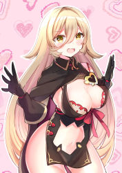 Rule 34 | 1girl, :d, black cape, black dress, black gloves, blonde hair, blush, breasts, cape, cleavage, dress, elbow gloves, gloves, hair between eyes, heart, heart background, highres, large breasts, long hair, looking at viewer, minami saki, navel, nijisanji, nui sociere, nui sociere (1st costume), open mouth, pink background, smile, solo, standing, very long hair, virtual youtuber, yellow eyes