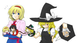 Rule 34 | 2girls, :x, alice margatroid, bandages, blonde hair, blue eyes, blush, braid, capelet, character doll, clothes grab, female focus, hair over one eye, hairband, hakurei reimu, hand puppet, hat, kirisame marisa, lysander z, multiple girls, puppet, short hair, shy, strange and bright nature deity, touhou, witch, witch hat