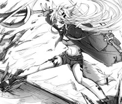 Rule 34 | 1girl, :d, animal ears, arknights, black nails, boots, breasts, coat, crazy eyes, crazy smile, dutch angle, facial mark, fang, full body, greyscale, hair ornament, hairclip, highres, holding, holding sword, holding weapon, lappland (arknights), long hair, long sleeves, material growth, medium breasts, monochrome, nail polish, navel, nga (ray ray), open mouth, originium (arknights), oripathy lesion (arknights), short shorts, shorts, smile, solo, sword, tail, v-shaped eyebrows, very long hair, weapon, wolf ears, wolf girl, wolf tail