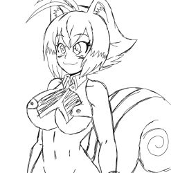 Rule 34 | 1girl, :d, animal ears, animated, animated gif, antenna hair, arm up, blazblue, blush, breasts, clenched hands, closed mouth, commentary, covering privates, covering breasts, crop top, embarrassed, english commentary, fingerless gloves, gloves, large breasts, lewdamone, makoto nanaya, monochrome, navel, nipple piercing, nipples, open mouth, piercing, revealing clothes, short hair, simple background, smile, solo, squirrel ears, squirrel tail, sweatdrop, tail, teeth, underboob, unfinished, upper body, wardrobe malfunction, white background