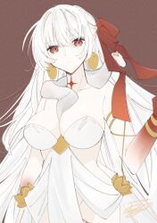 Rule 34 | 1girl, bangle, bracelet, breasts, closed mouth, durga (fate), earrings, fate/grand order, fate (series), highres, jewelry, large breasts, long hair, looking at viewer, red eyes, red ribbon, ribbon, signature, simple background, snake, white hair, white snake, yu ouz