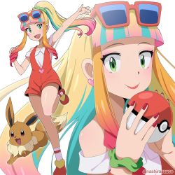Rule 34 | 1girl, :d, arm up, blonde hair, blunt bangs, blush, closed mouth, commentary, creatures (company), earrings, eevee, eyewear on head, game freak, gen 1 pokemon, gradient hair, green eyes, green scrunchie, holding, holding poke ball, jewelry, leg up, lipstick, long hair, looking at viewer, makeup, mascara, multicolored hair, multiple views, nail polish, nashirasauce, nintendo, open mouth, orange footwear, overall shorts, overalls, poke ball, poke ball (basic), pokemon, pokemon (anime), pokemon (creature), pokemon the movie: the power of us, red-framed eyewear, red lips, risa (pokemon), scrunchie, shirt, shoes, smile, socks, standing, standing on one leg, sunglasses, twitter username, white legwear, white shirt, wrist scrunchie