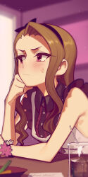 1girl bare_shoulders blush boa_(brianoa) breasts brown_eyes brown_hair dress forehead frills hairband idolmaster idolmaster_(classic) long_hair looking_to_the_side minase_iori parted_bangs small_breasts solo white_dress