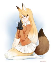 Rule 34 | 10s, 1girl, animal ears, artist name, black gloves, blazer, blonde hair, blush, bow, bowtie, breasts, breath, brown eyes, buttons, dickbomber, extra ears, ezo red fox (kemono friends), fox ears, fox girl, fox tail, fur-trimmed sleeves, fur trim, gloves, gradient legwear, hair between eyes, hair flaps, hands up, highres, jacket, kemono friends, long hair, long sleeves, medium breasts, miniskirt, multicolored clothes, multicolored legwear, necktie, no shoes, open mouth, orange jacket, orange pantyhose, pantyhose, pleated skirt, pocket, seiza, sitting, skirt, solo, steam, tail, thighhighs, very long hair, white bow, white bowtie, white pantyhose, white skirt, yellow necktie, yellow pantyhose