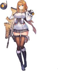 Rule 34 | 1girl, 3:, aqua eyes, black thighhighs, blonde hair, blush, boots, breasts, cailleach bheur, coat, drone, full body, game cg, gloves, grey skirt, gun, hair between eyes, hairband, highres, large breasts, last origin, long hair, looking at viewer, official art, paintale, pleated skirt, rifle, scarf, skirt, solo, tachi-e, thighhighs, transparent background, weapon, white gloves