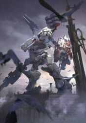 Rule 34 | animal, armored core, armored core 6, assault rifle, bird, grey sky, gun, highres, holding, holding gun, holding weapon, mecha, mecha focus, miso katsu, missile pod, nightfall (armored core 6), no humans, outdoors, pile bunker, red eyes, rifle, robot, science fiction, shoulder cannon, sky, standing, weapon