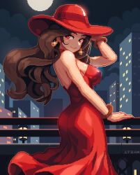 Rule 34 | 1girl, artist name, ass, backless dress, backless outfit, balcony, bare shoulders, bracelet, breasts, brown hair, cloud, donkey kong (series), dress, earrings, itzah, jewelry, large breasts, long hair, looking at viewer, mario (series), moon, night, nintendo, pauline (mario), pixel art, red dress, red eyes, red headwear, smile, solo, super mario odyssey