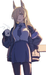 Rule 34 | 1girl, animal ears, armband, black gloves, black jacket, black pantyhose, blonde hair, blue archive, blue necktie, breasts, clipboard, collared shirt, cup, gloves, grey shirt, hair over one eye, highres, holding, holding cup, jacket, kanna (blue archive), kneeichigo, long hair, looking at viewer, medium breasts, mug, necktie, open clothes, open jacket, pantyhose, pencil skirt, shirt, simple background, skirt, solo, steam, white background