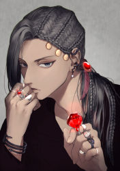 Rule 34 | 1boy, black eyes, black hair, black shirt, bracelet, braid, braided ponytail, candy, dark-skinned male, dark skin, earrings, feather hair ornament, feathers, food, grey background, hair ornament, hair over shoulder, hand up, highres, holding, holding candy, holding food, jamil viper, jewelry, long hair, looking at viewer, male focus, multiple rings, parted lips, ring, shirt, single braid, solo, twisted wonderland, umino kiri