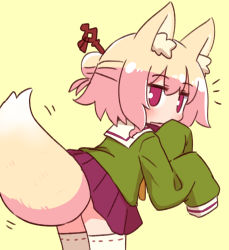 Rule 34 | 1girl, animal ear fluff, animal ears, blonde hair, blush, brown background, commentary request, covered mouth, fox ears, fox girl, fox tail, from behind, green shirt, hair between eyes, hair bun, hair ornament, hand up, highres, kemomimi-chan (naga u), long sleeves, looking at viewer, looking back, naga u, orange neckwear, original, pleated skirt, purple skirt, red eyes, ribbon-trimmed legwear, ribbon trim, sailor collar, shirt, simple background, single hair bun, skirt, sleeves past fingers, sleeves past wrists, solo, standing, tail, thighhighs, white sailor collar, white thighhighs