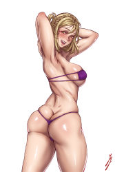 Rule 34 | 1girl, absurdres, armpits, arms up, ass, back, bikini, blonde hair, breasts, butt crack, dimples of venus, green eyes, highres, jesse jordan, love live!, love live! sunshine!!, ohara mari, open mouth, shiny skin, short hair, smile, solo, swimsuit, thick thighs, thighs, white background