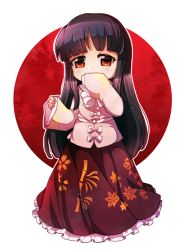 Rule 34 | 1girl, artist name, bamboo print, black hair, chibi, dungeon toaster, floral print, highres, hime cut, houraisan kaguya, imperishable night, japanese clothes, kimono, leaf print, long hair, long sleeves, looking at viewer, red eyes, ribbon, smile, touhou, white background, wide sleeves