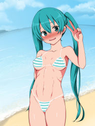 Rule 34 | 1girl, beach, bikini, blush, bodypaint, breasts, cleavage, covered erect nipples, day, gagajya, green eyes, green hair, hatsune miku, long hair, matching hair/eyes, medium breasts, navel, ocean, outdoors, painted clothes, smile, solo, striped bikini, striped clothes, swimsuit, twintails, underboob, v, very long hair, vocaloid, water